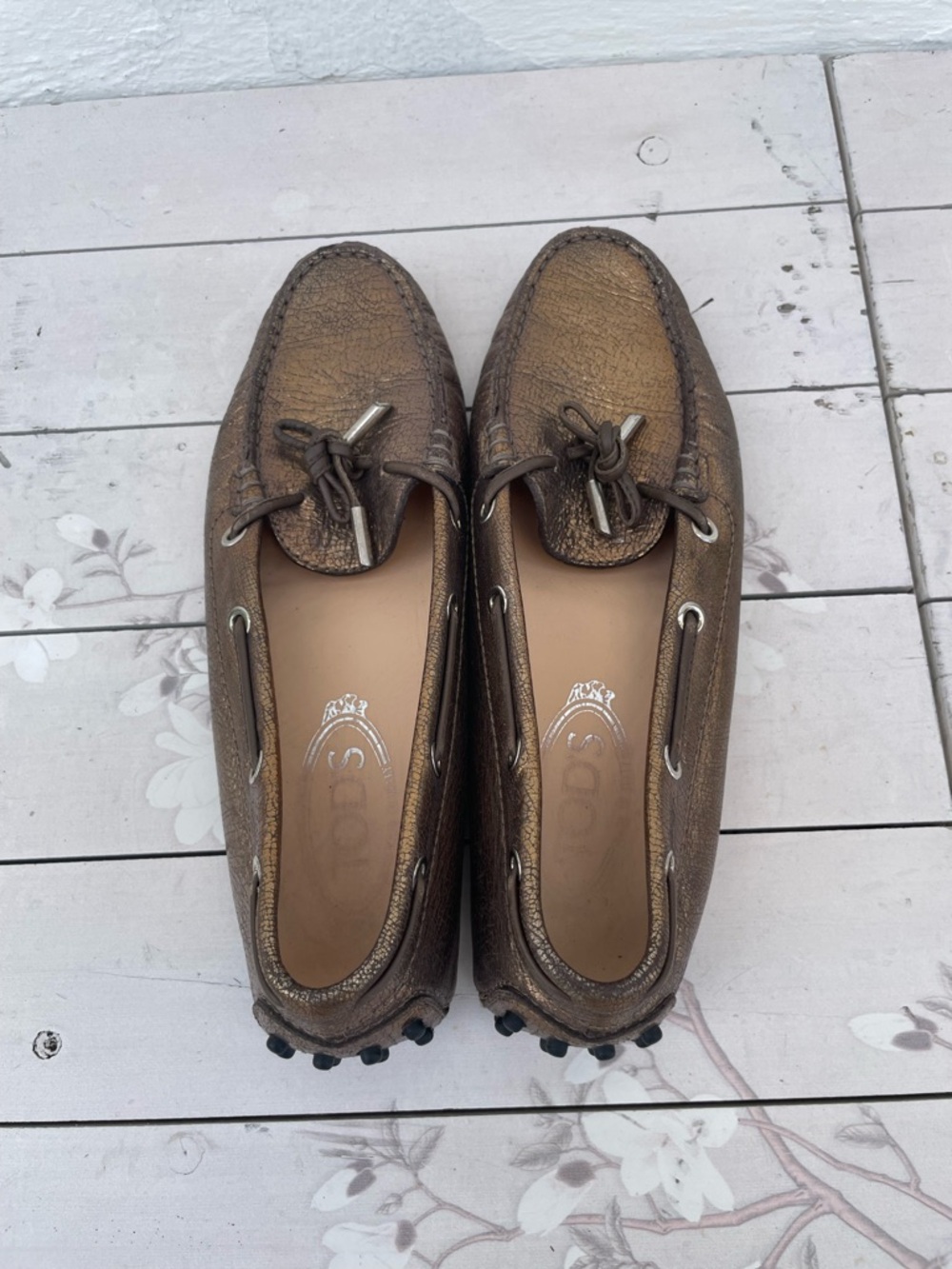 Tod's Metallic Bronze Leather Driving Loafers - Picture 8 of 10